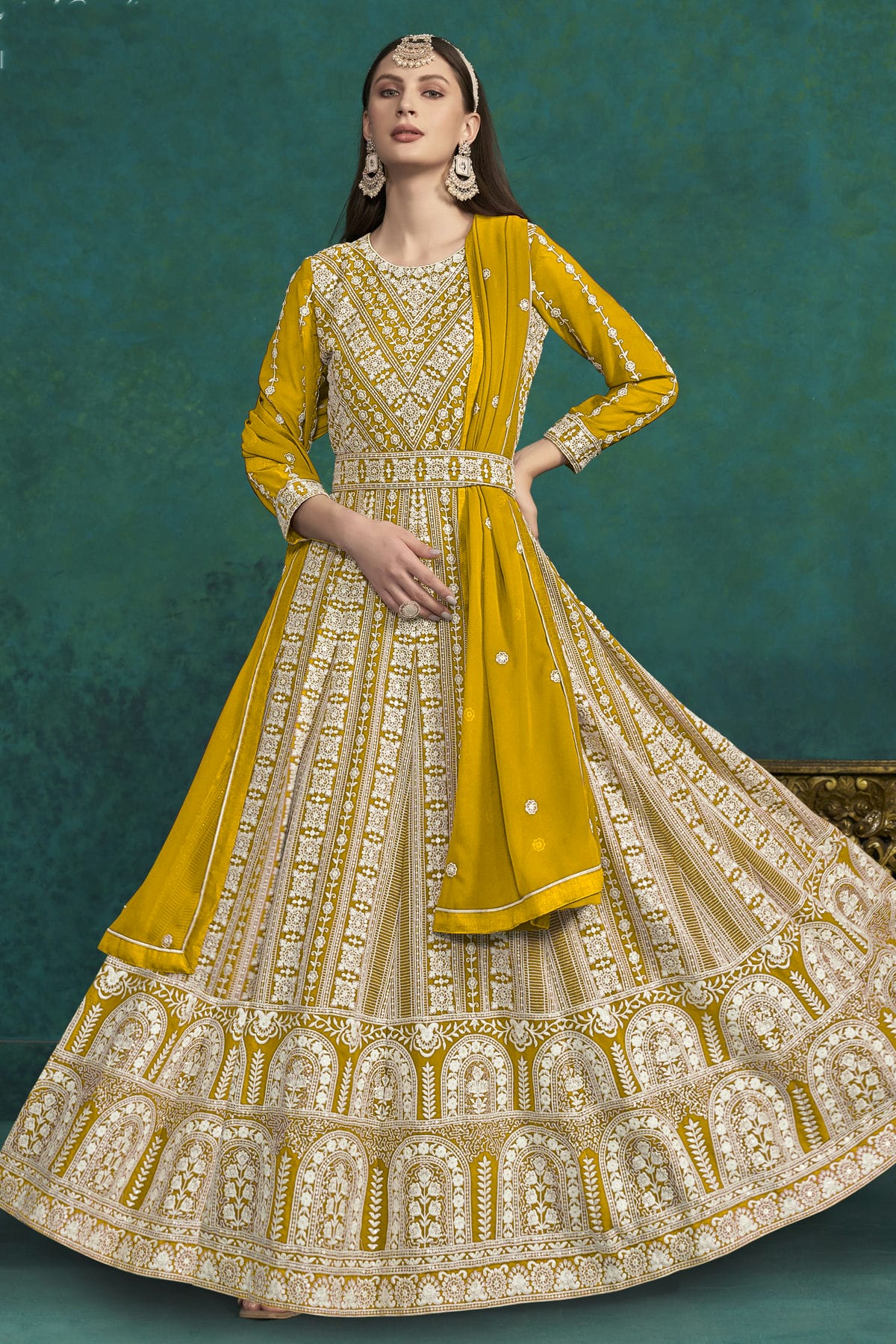 Mustard Colour Faux Georgette Anarkali Suit