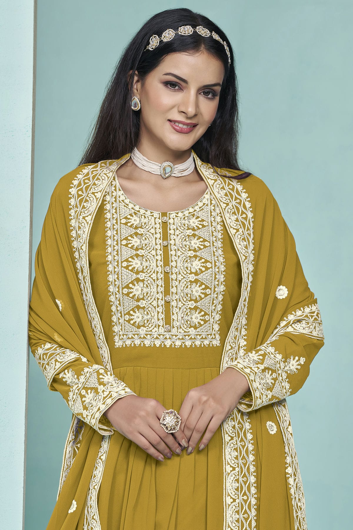 Mustard Colour Faux Georgette Palazzo Pant Suit