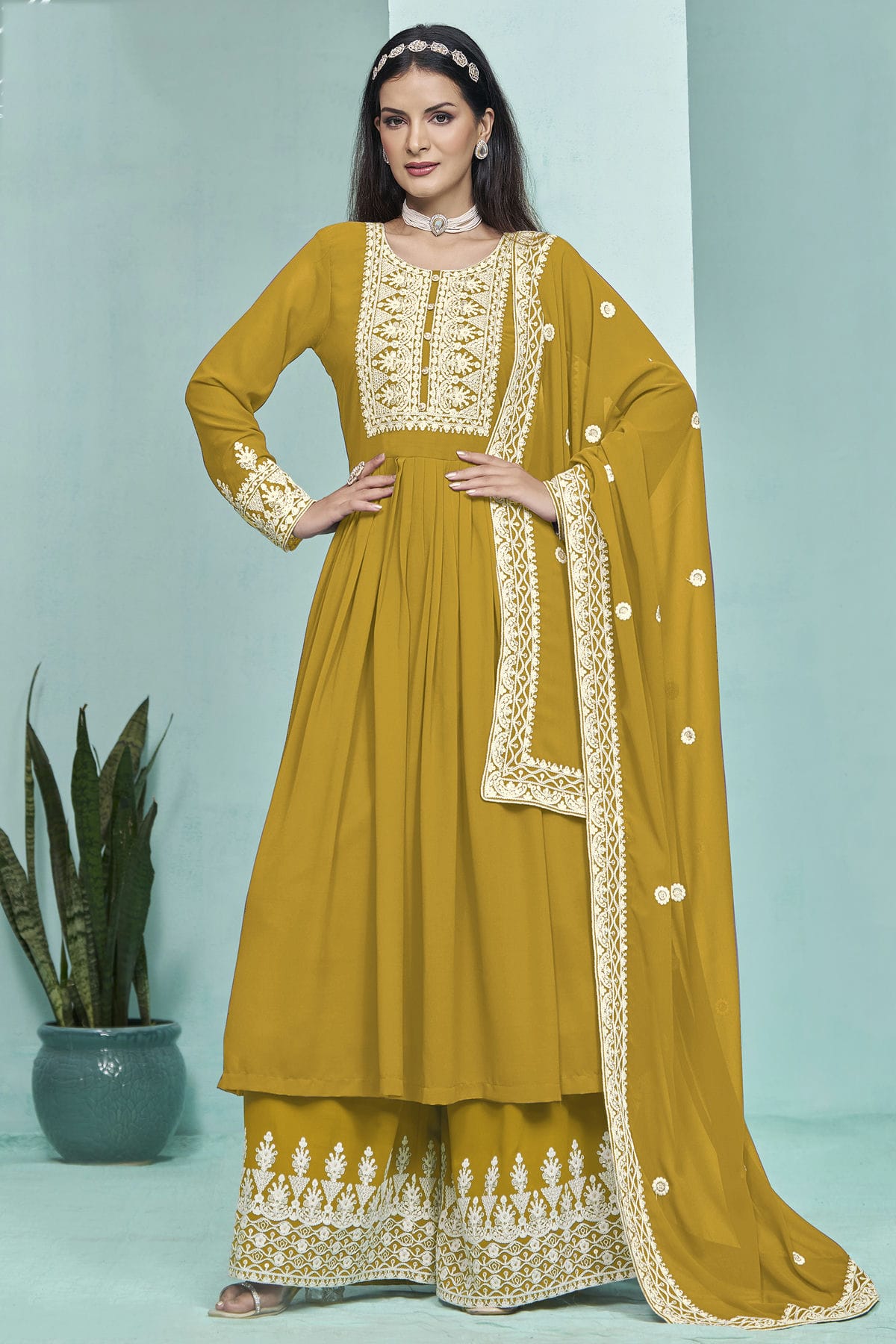 Mustard Colour Faux Georgette Palazzo Pant Suit