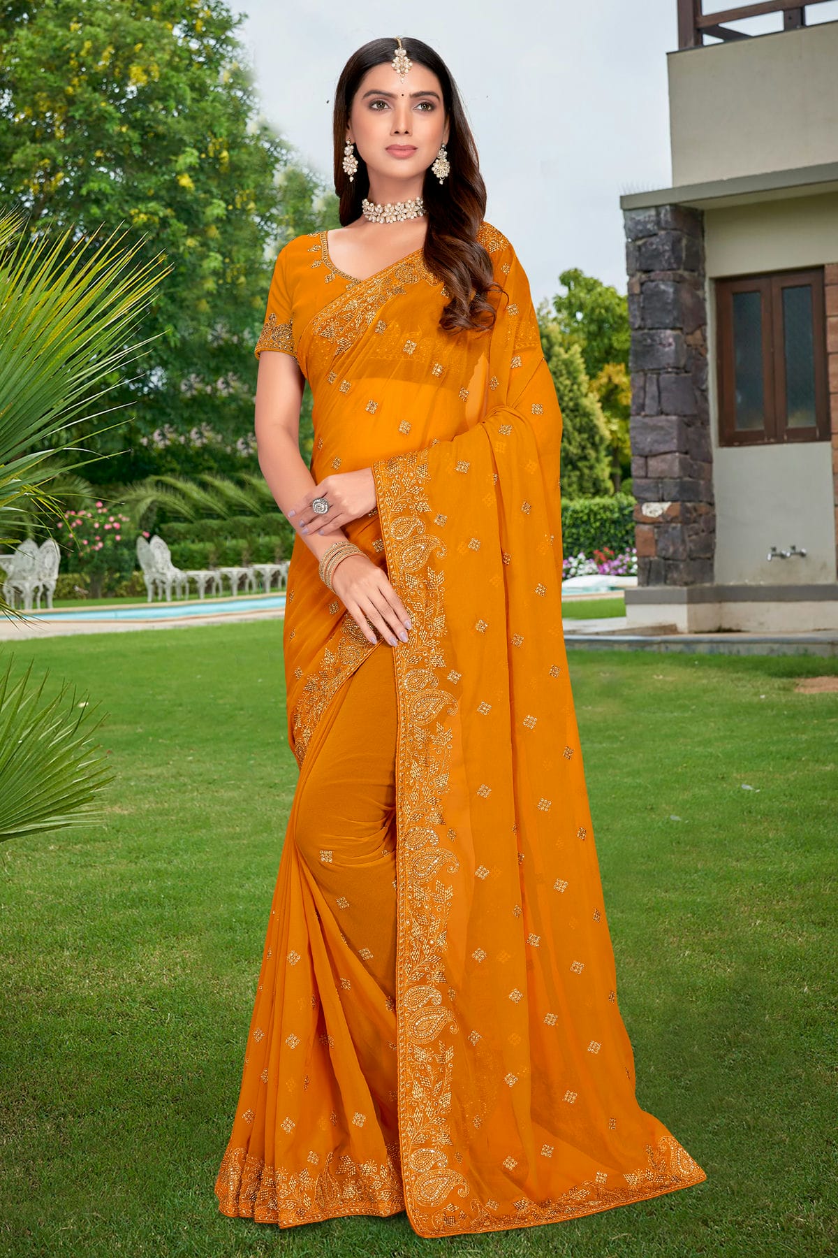 Mustard Colour Georgette Designer Saree