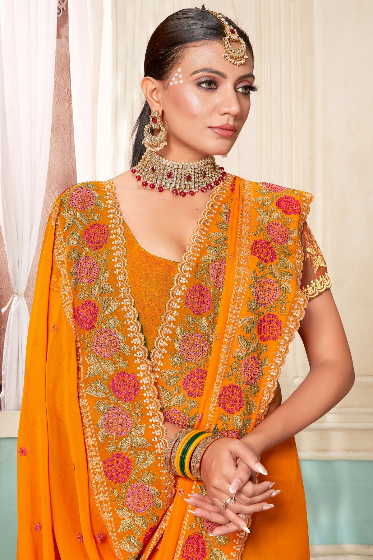 Mustard Colour Georgette Designer Saree