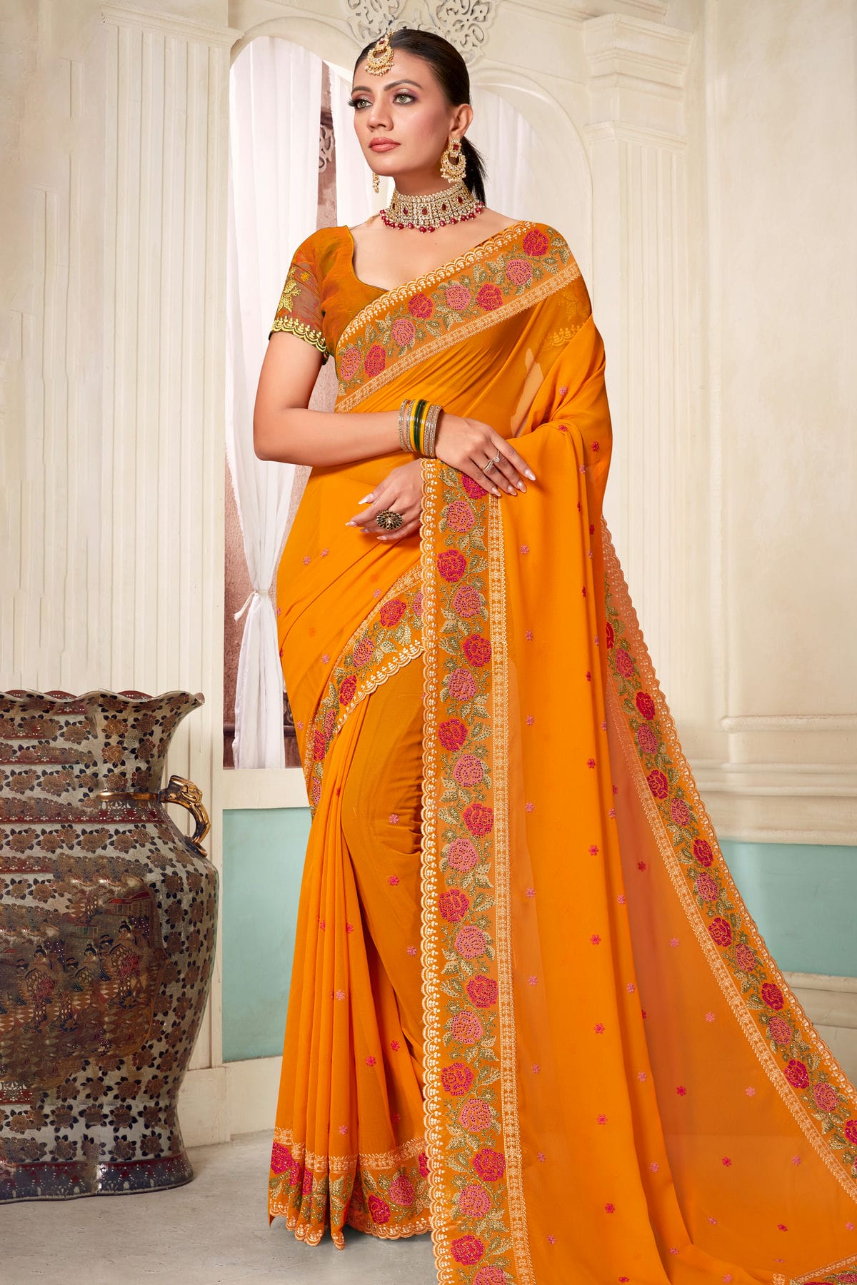 Mustard Colour Georgette Designer Saree