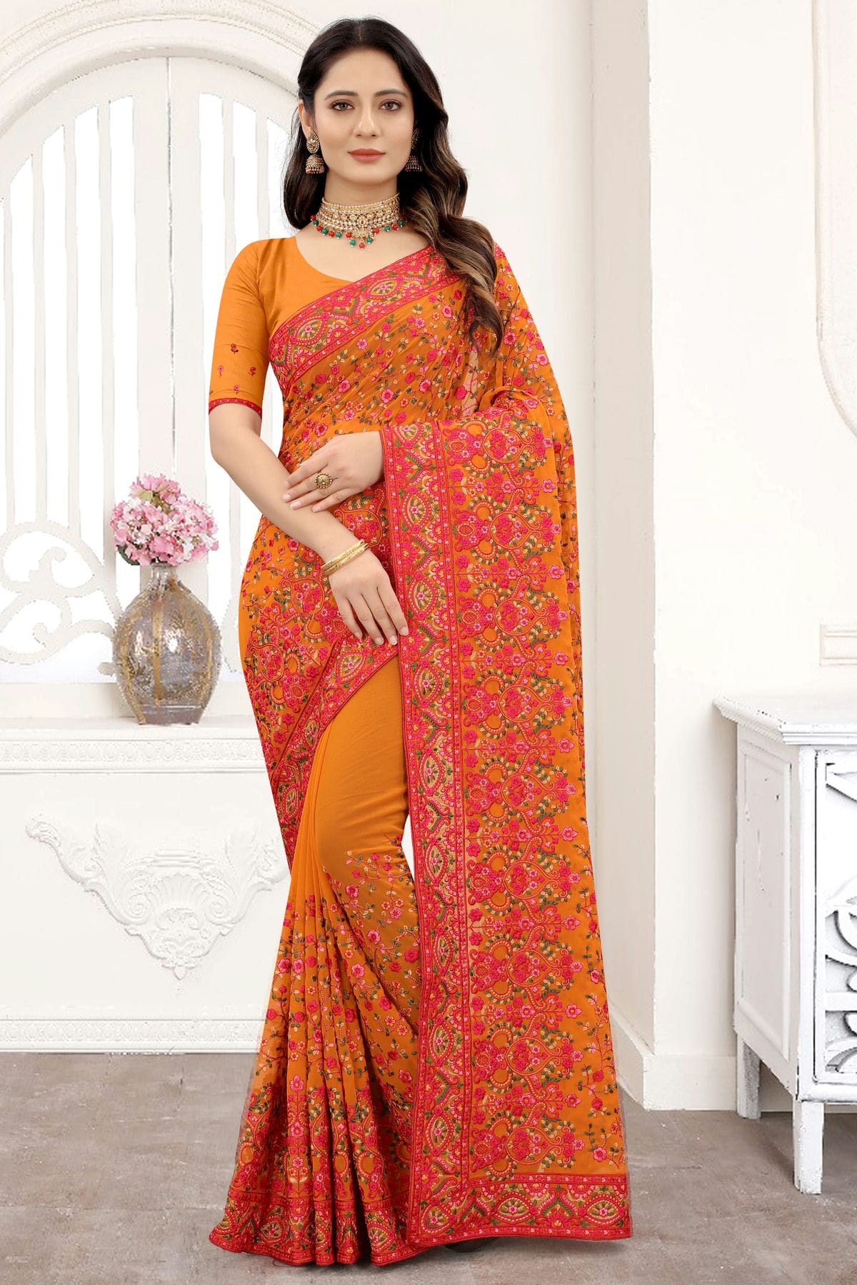 Mustard Colour Georgette Designer Saree