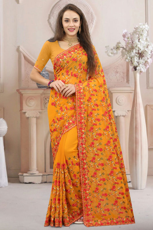 Mustard Colour Georgette Designer Saree