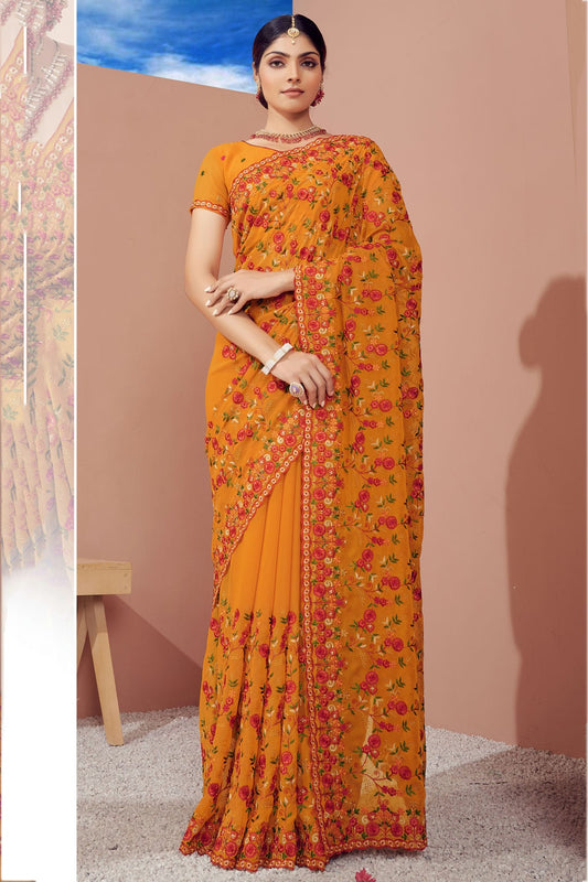 Mustard Colour Georgette Designer Saree