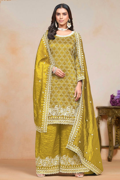 Mustard Colour Gold Crush Semi Stitched Palazzo Pant Suit