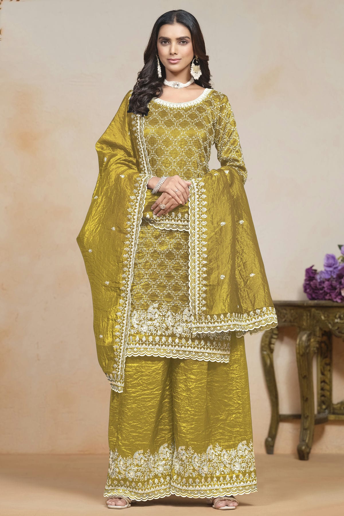 Mustard Colour Gold Crush Semi Stitched Palazzo Pant Suit