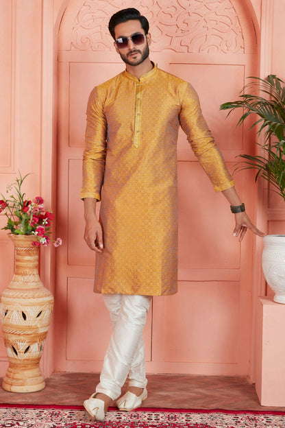 Mustard Colour Jacquard Silk Brocade Kurta Pajama VSKP1230235