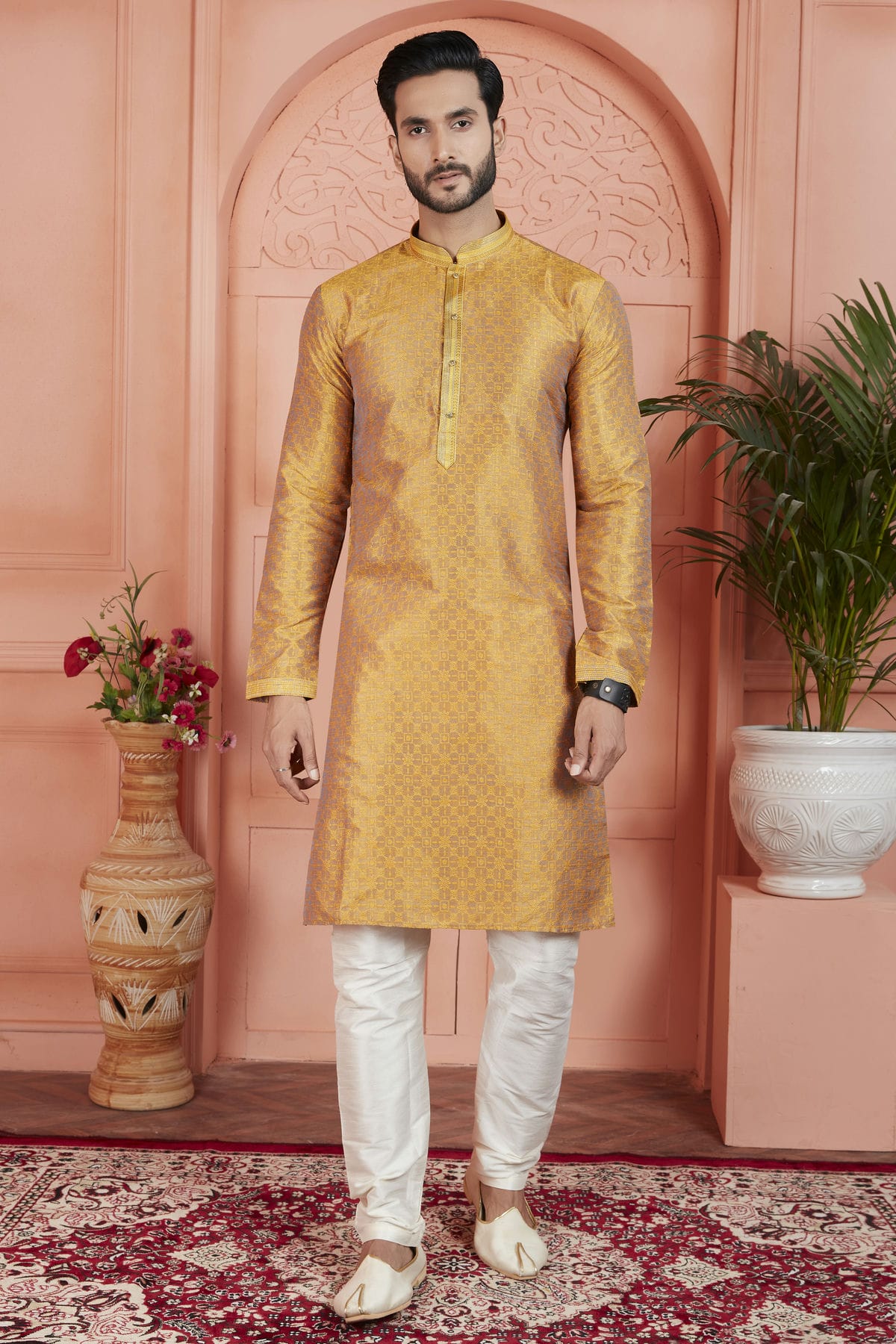 Mustard Colour Jacquard Silk Brocade Kurta Pajama