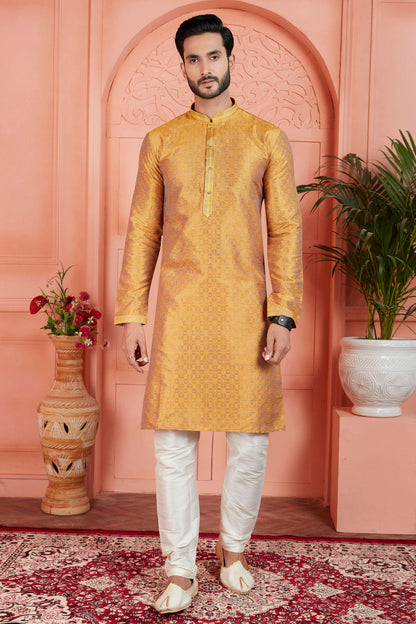 Mustard Colour Jacquard Silk Brocade Kurta Pajama