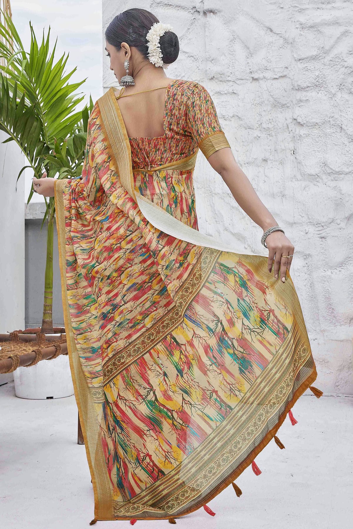 Mustard Colour Linen Blend Printed Saree