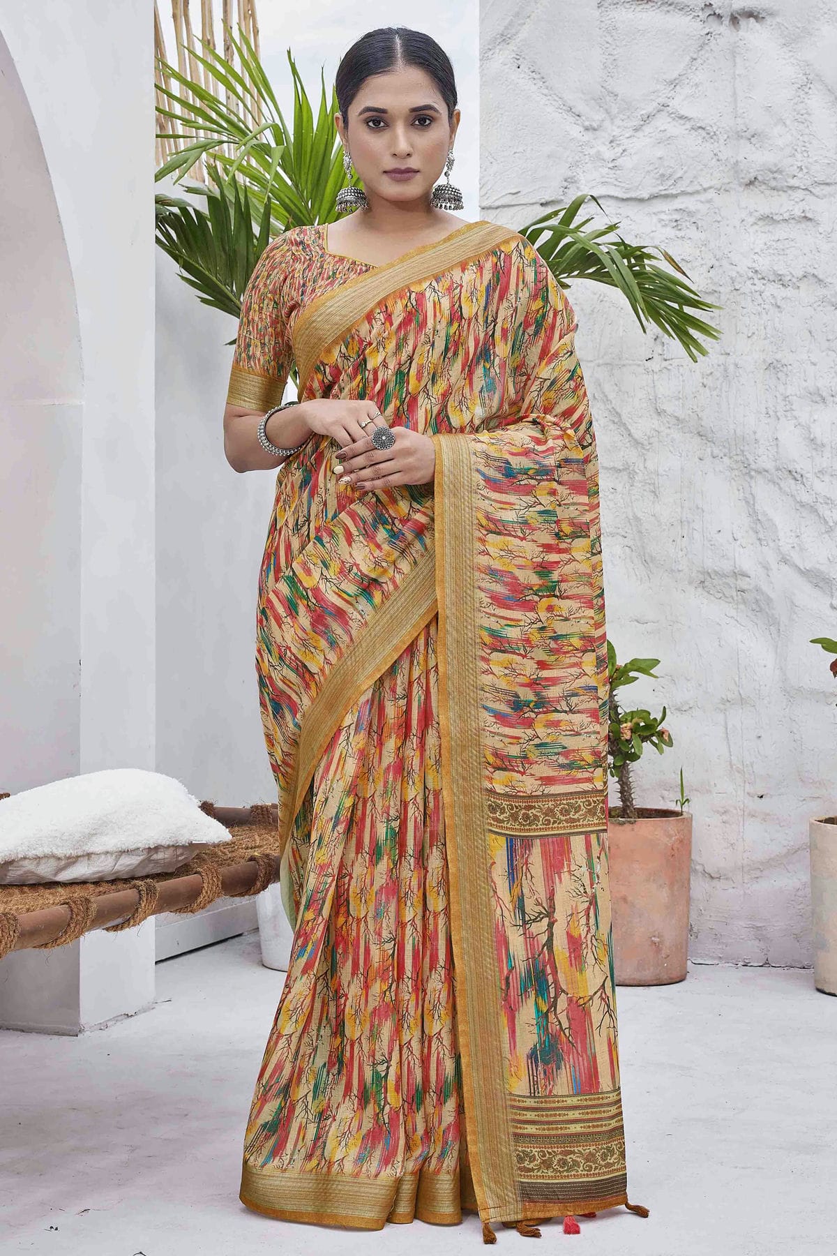 Mustard Colour Linen Blend Printed Saree