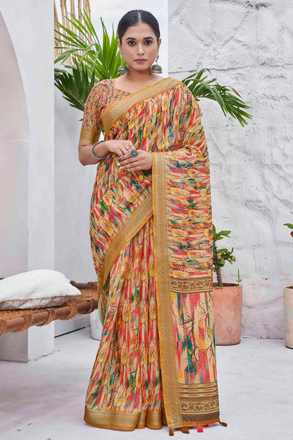 Mustard Colour Linen Blend Printed Saree