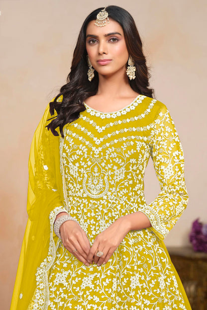 Mustard Colour Net Semi Stitched Anarkali Suit VSSM1050605