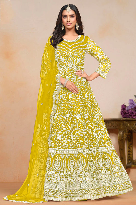 Mustard Colour Net Semi Stitched Anarkali Suit