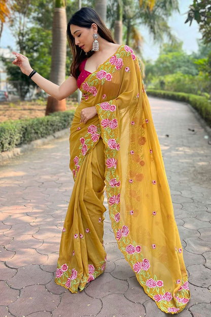 Mustard Colour Organza Saree