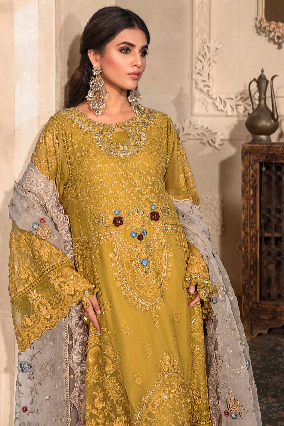 Mustard Colour Organza Semi Stitched Pakistani Suit