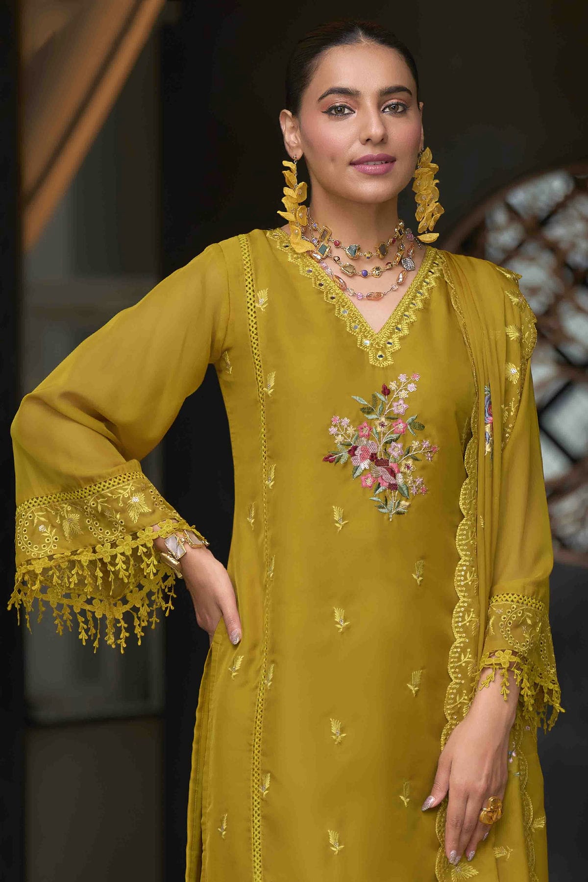 Mustard Colour Organza Stitched Pakistani Suit VSSS1140748