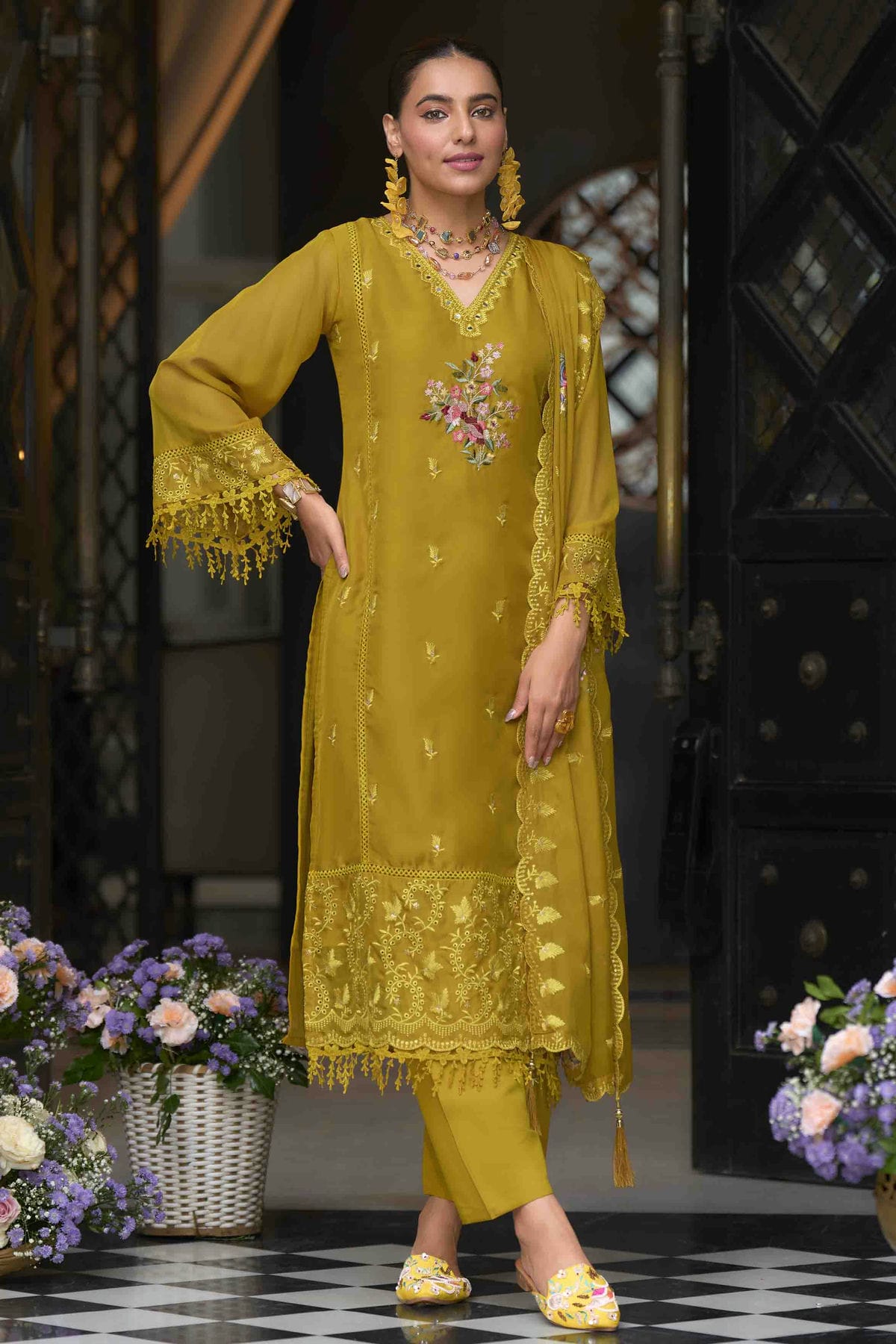 Mustard Colour Organza Stitched Pakistani Suit VSSS1140748