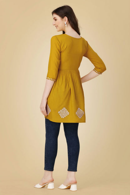 Mustard Colour Rayon Thread Work,Sequins Work,Embroidery Work Readymade Top