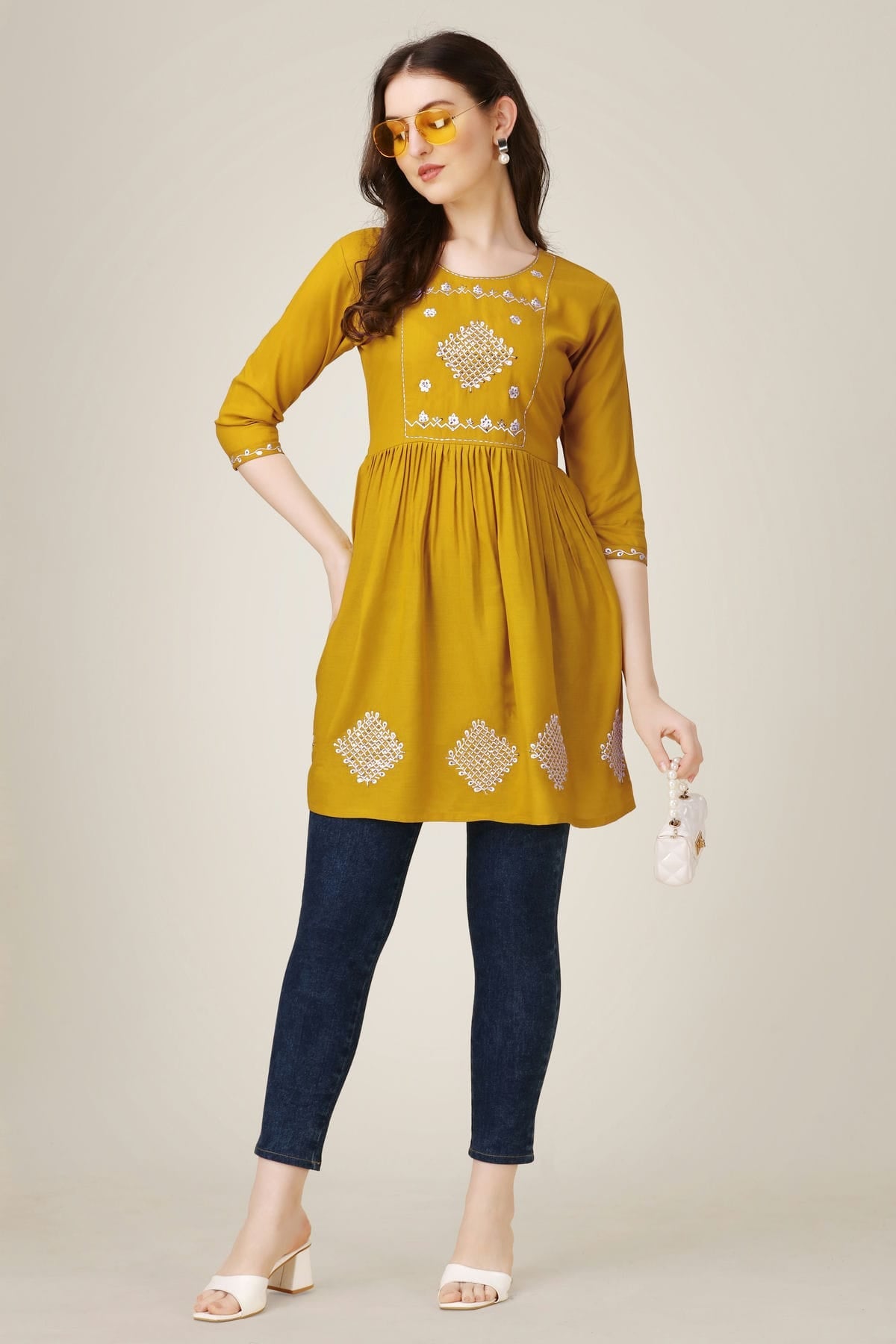 Mustard Colour Rayon Thread Work,Sequins Work,Embroidery Work Readymade Top