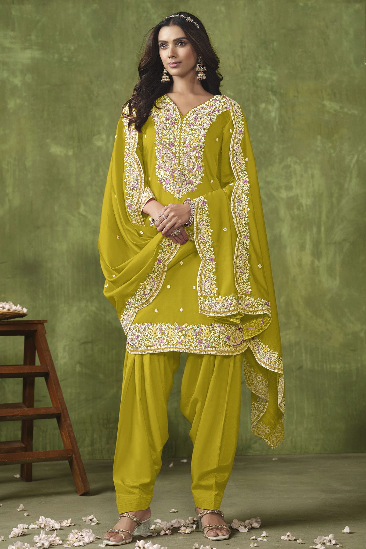 Mustard Colour Roman Silk Patiala Suit