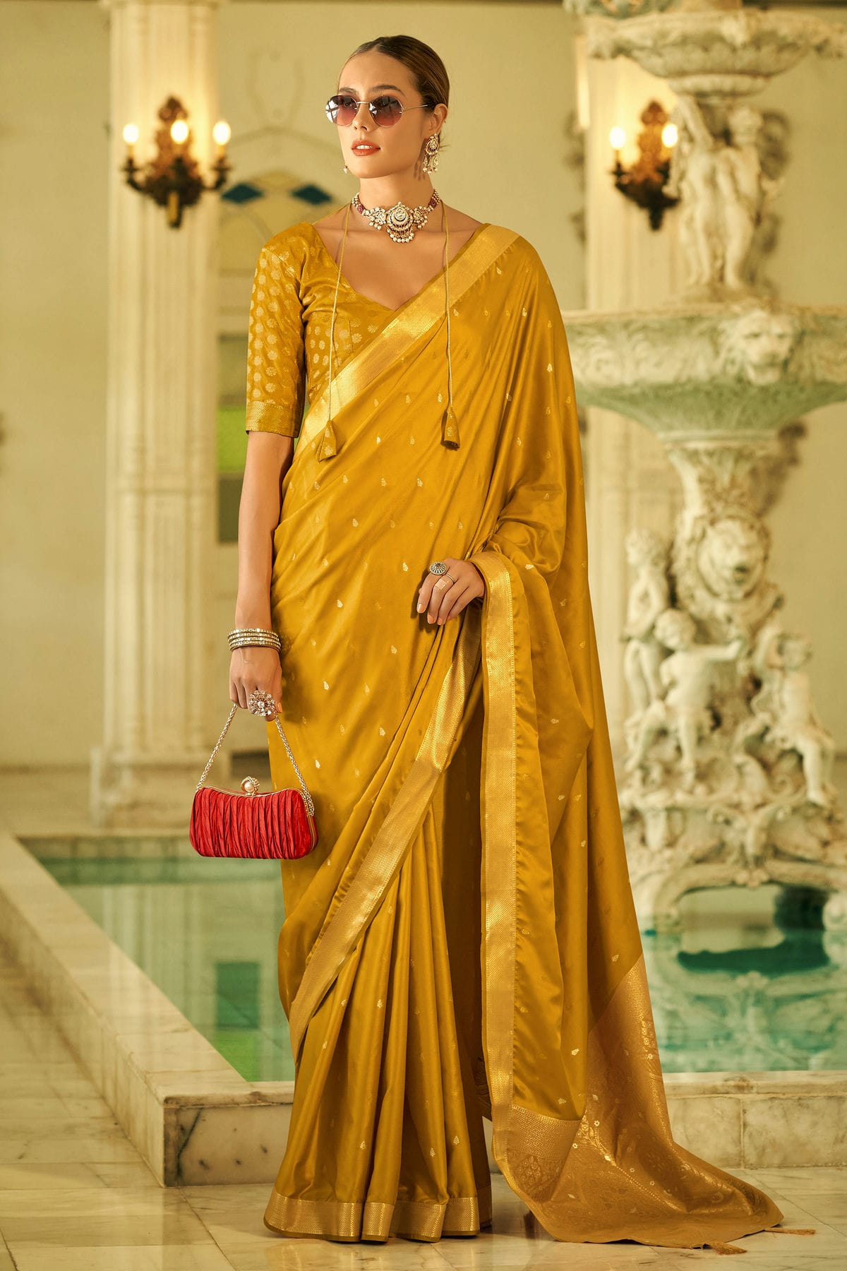 Mustard Colour Satin Silk Saree