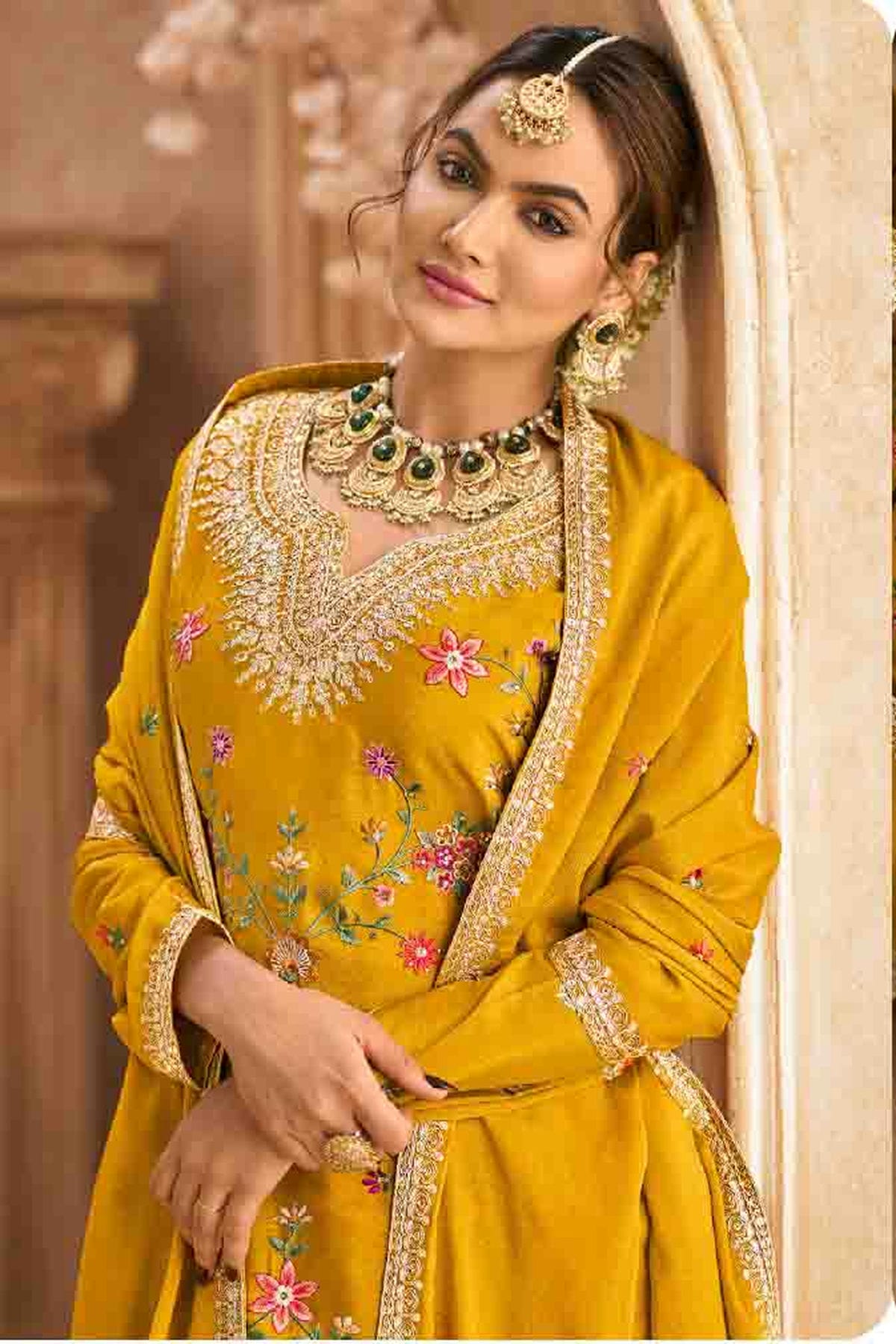 Mustard Colour Semi Stitched Chinon Palazzo Pant Suit VSSM1140719