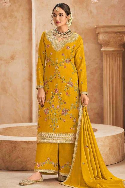 Mustard Colour Semi Stitched Chinon Palazzo Pant Suit VSSM1140719