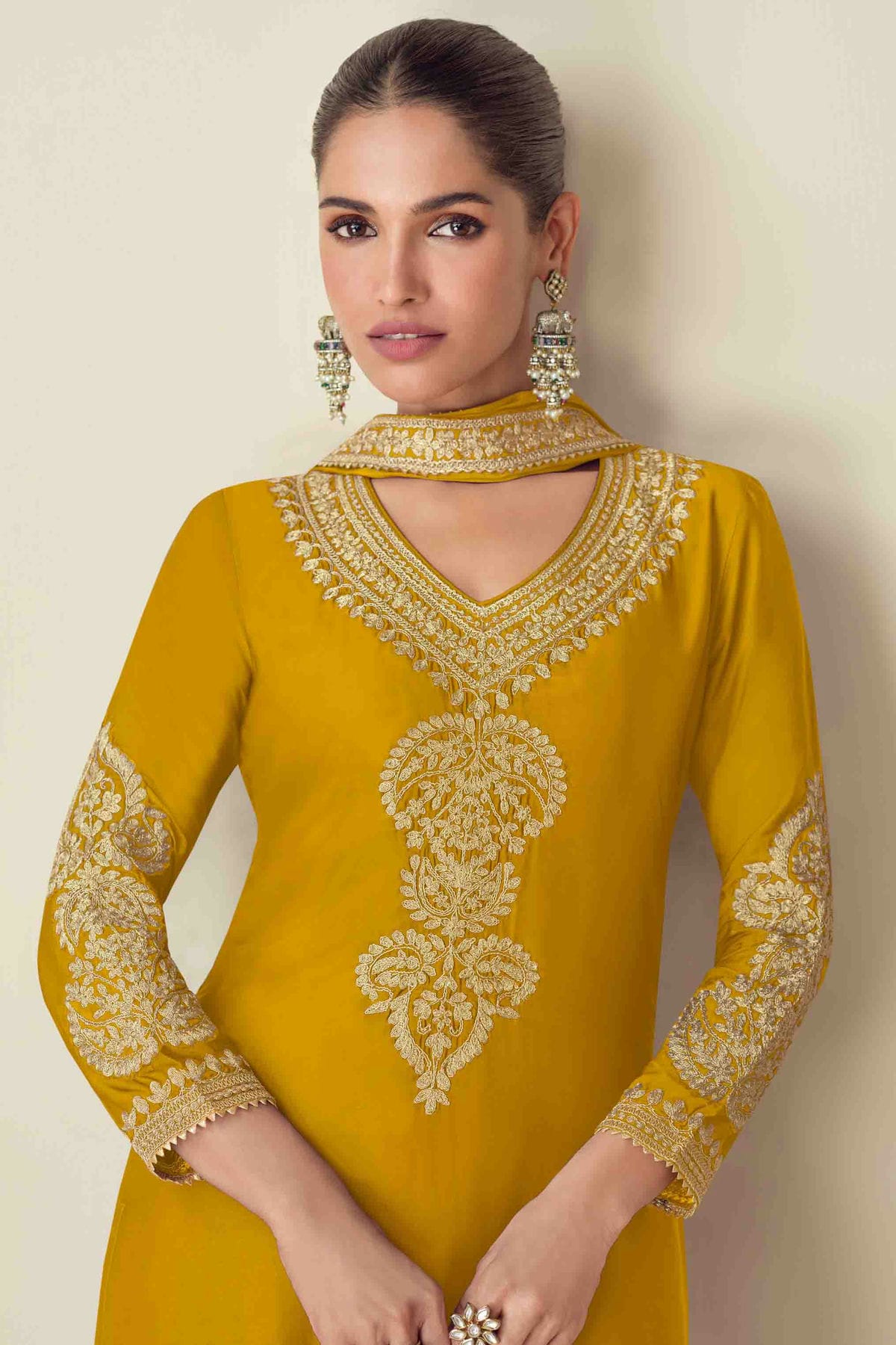 Mustard Colour Semi Stitched Chinon Palazzo Pant Suit VSSM1140722