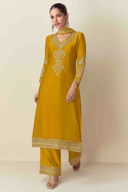 Mustard Colour Semi Stitched Chinon Palazzo Pant Suit VSSM1140722