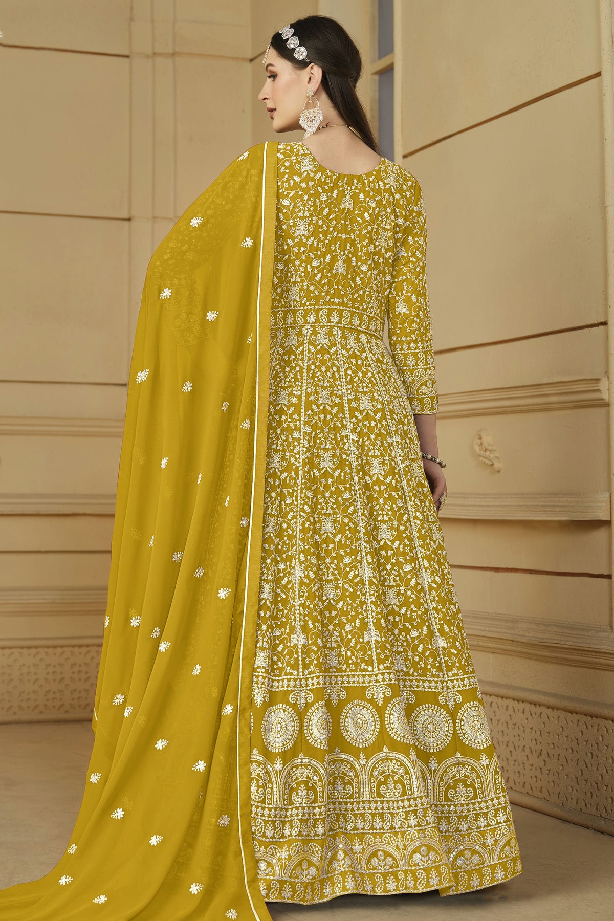 Mustard Colour Semi Stitched Faux Georgette Anarkali Suit