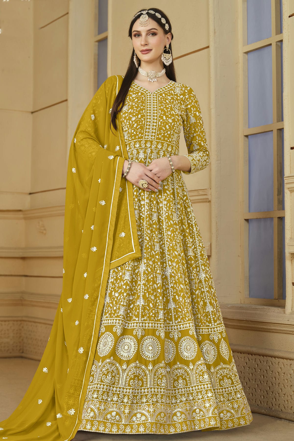 Mustard Colour Semi Stitched Faux Georgette Anarkali Suit