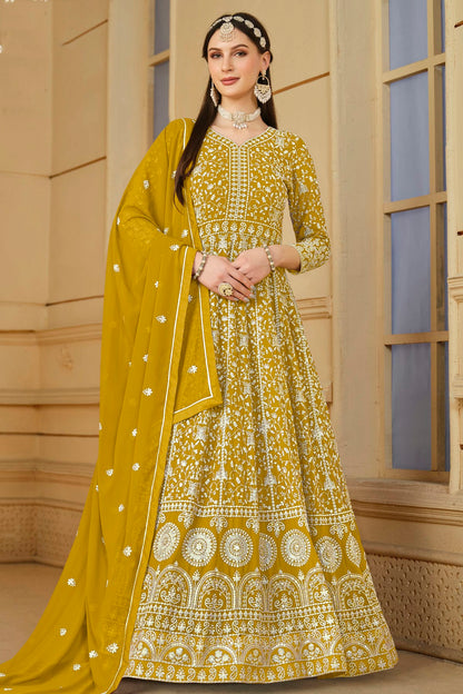 Mustard Colour Semi Stitched Faux Georgette Anarkali Suit