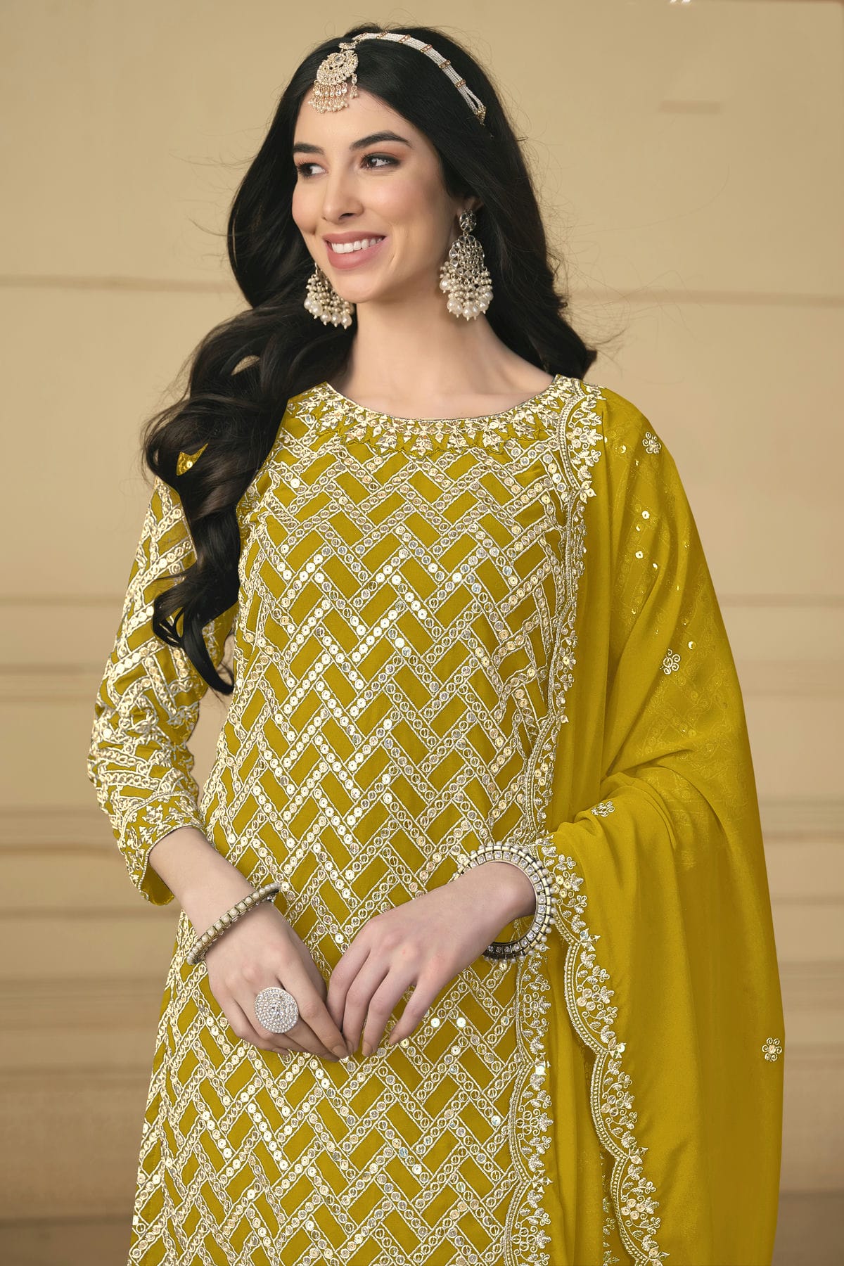 Mustard Colour Semi Stitched Faux Georgette Sharara Suit