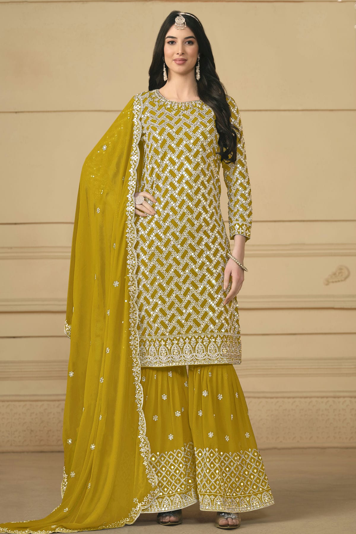 Mustard Colour Semi Stitched Faux Georgette Sharara Suit