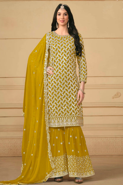 Mustard Colour Semi Stitched Faux Georgette Sharara Suit