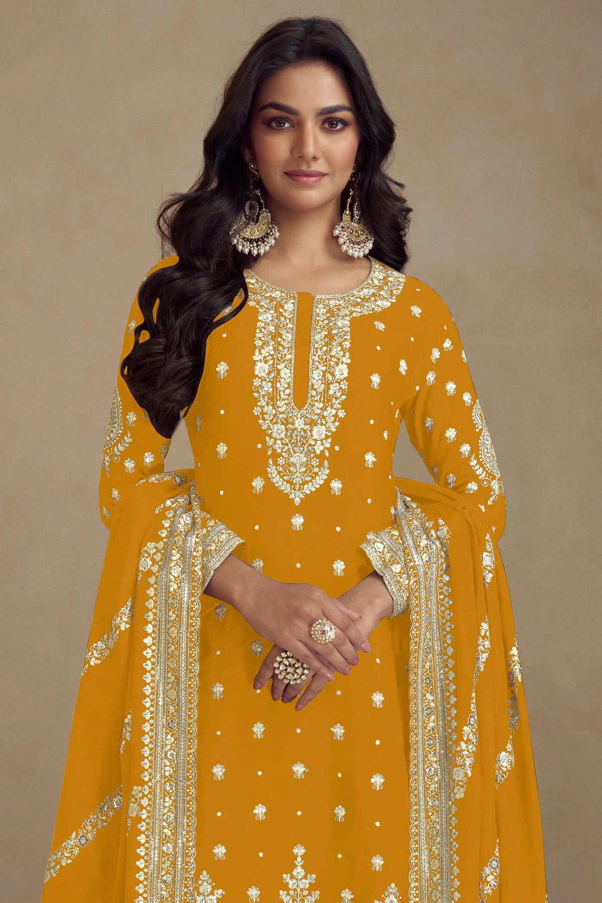 Mustard Colour Semi Stitched Silk Palazzo Pant Suit VSSM1140672