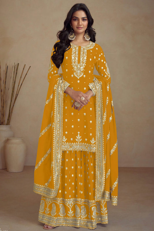 Mustard Colour Semi Stitched Silk Palazzo Pant Suit VSSM1140672