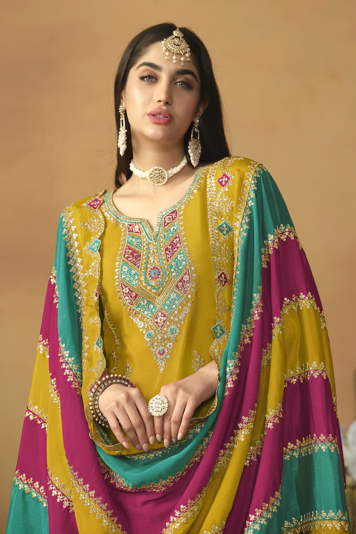 Mustard Colour Straight Suit Chinon Silk Semi Stitched