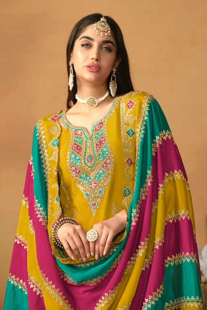 Mustard Colour Straight Suit Chinon Silk Semi Stitched