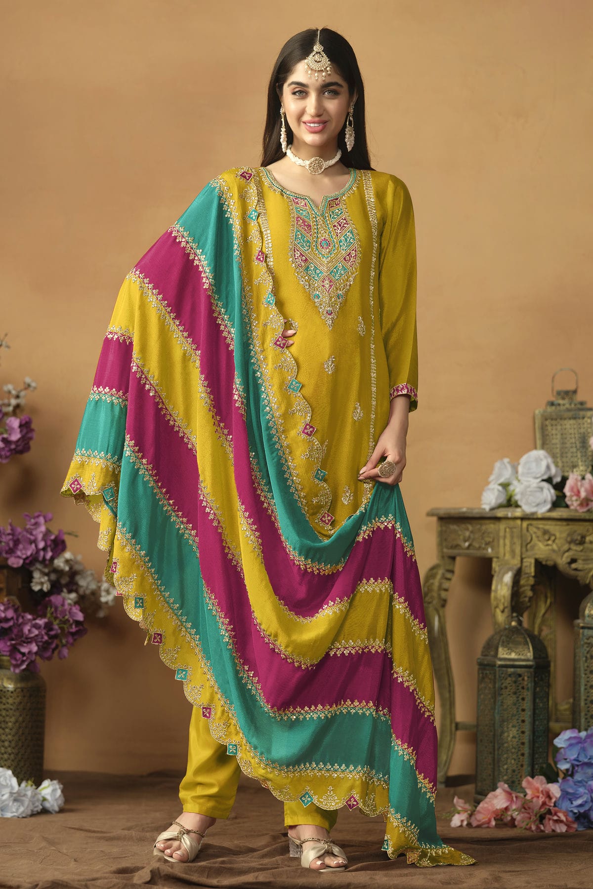 Mustard Colour Straight Suit Chinon Silk Semi Stitched