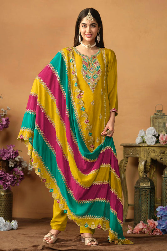 Mustard Colour Straight Suit Chinon Silk Semi Stitched