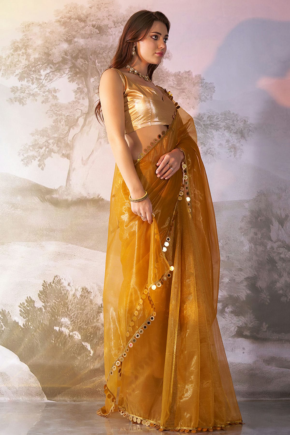 Mustard Colour Twill Net Saree VSSD1112733