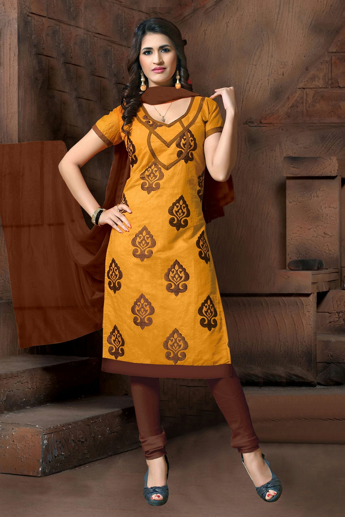 Mustard Colour Unstitched Modal Cotton Churidar Suit