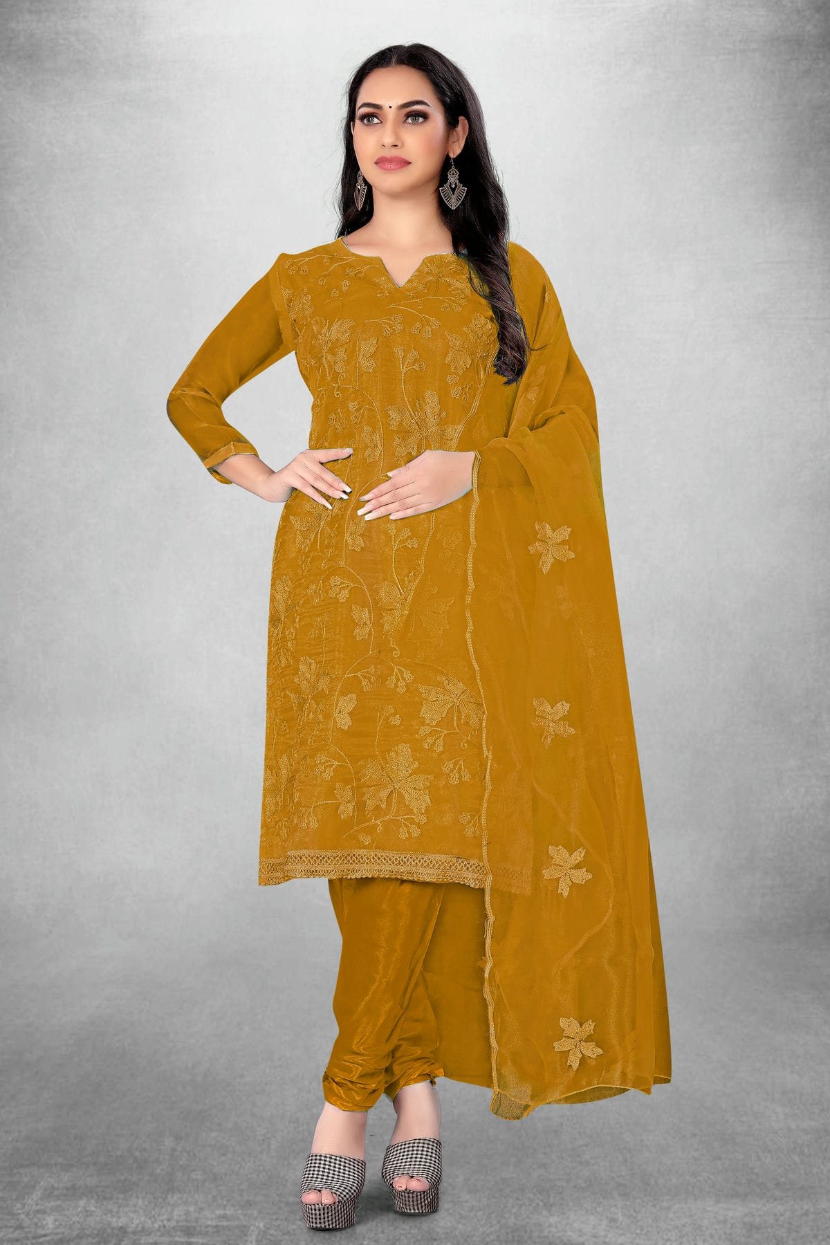 Mustard Colour Unstitched Organza Churidar Suit