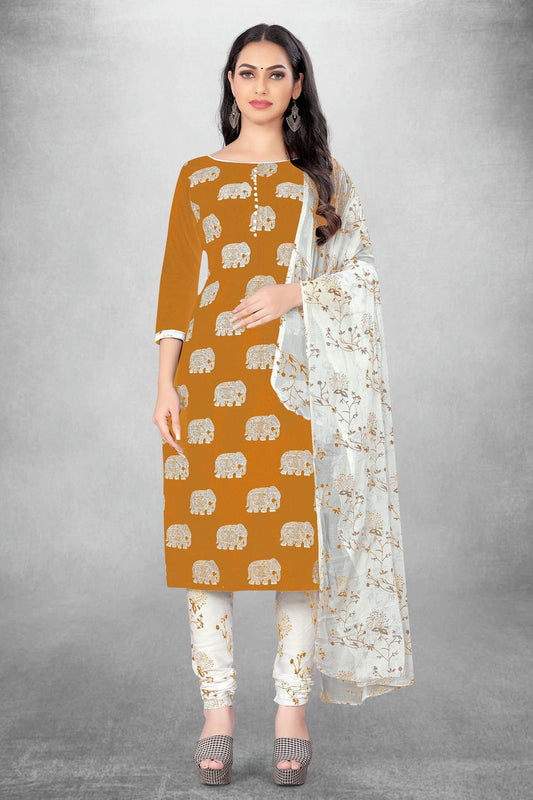 Mustard Colour Unstitched Slub Cotton Churidar Suit