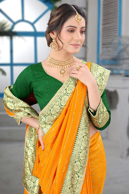 Mustard Colour Vichitra Silk Designer Saree