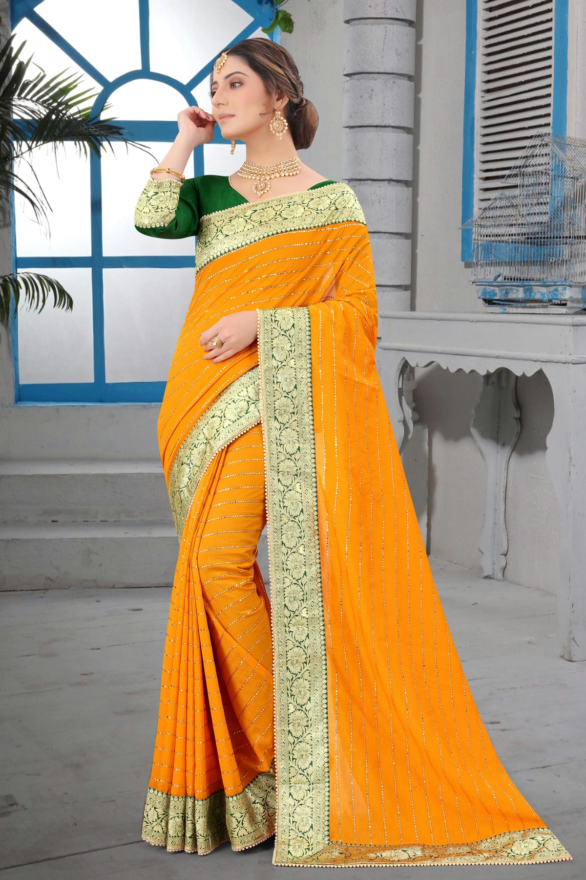 Mustard Colour Vichitra Silk Designer Saree