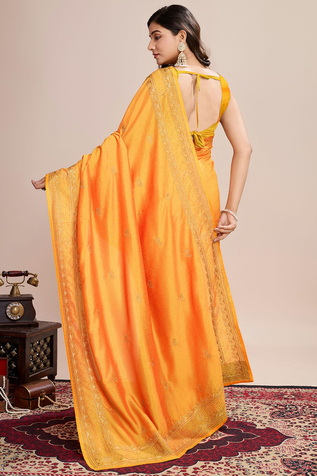 Mustard Colour Vichitra Silk Designer Saree